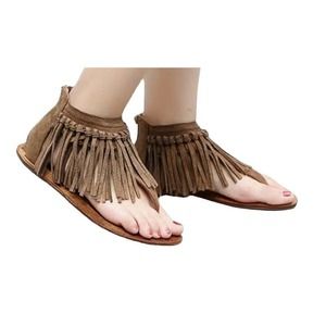 Fringe Flat T-strap Thong Sandals  Zip Back  Sandal Size 7